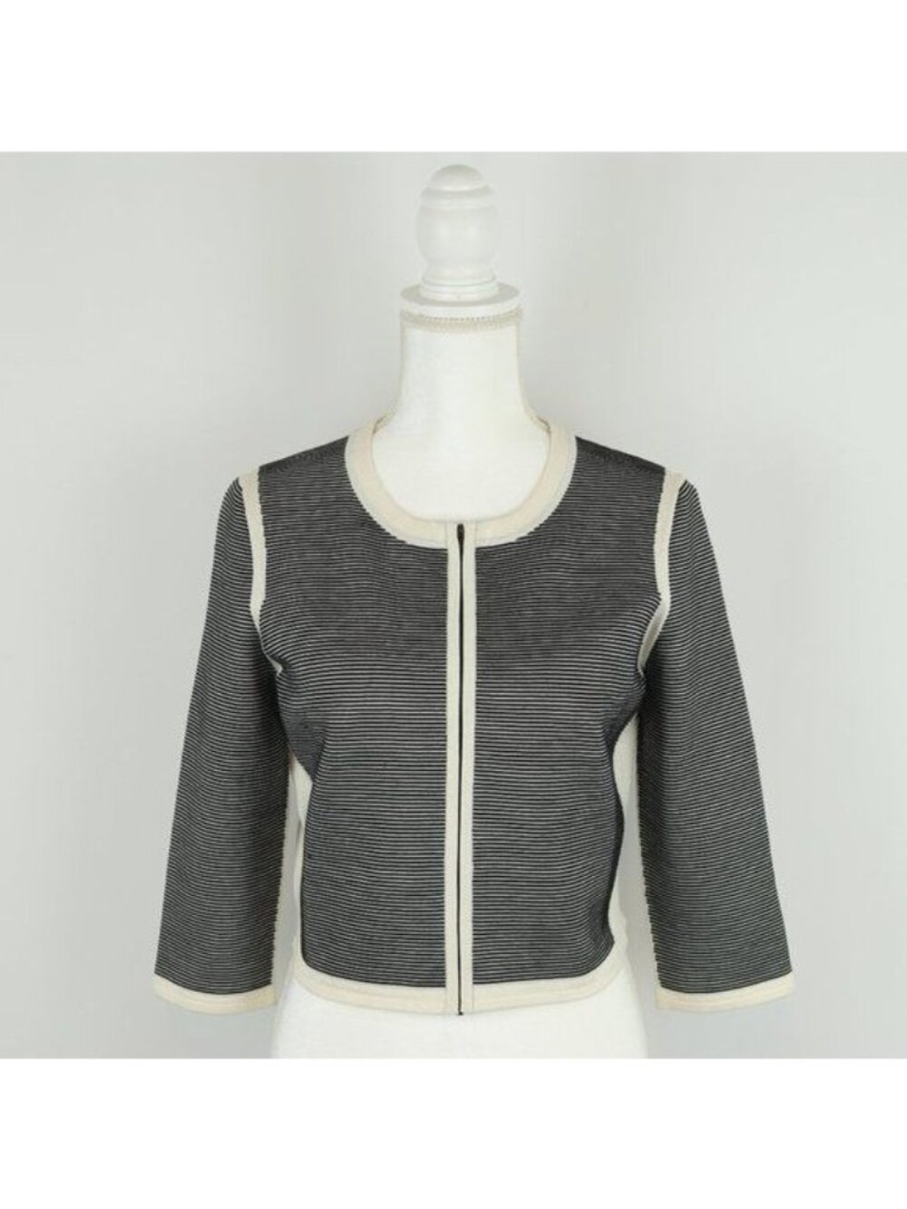 Narciso Rodriguez Women's Size 10 Black Cream Striped Silk Blend Zip Cardigan